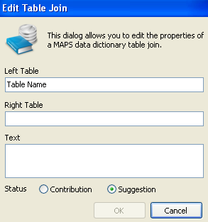 Edit Table Join dialog showing fields for the left table, right table, text (notes), and status (contribution/suggestion).